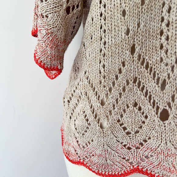 Sundance Beige Openwork Knit Blouse with Orange Trim, Casual Beach Coastal - Picture 4 of 6